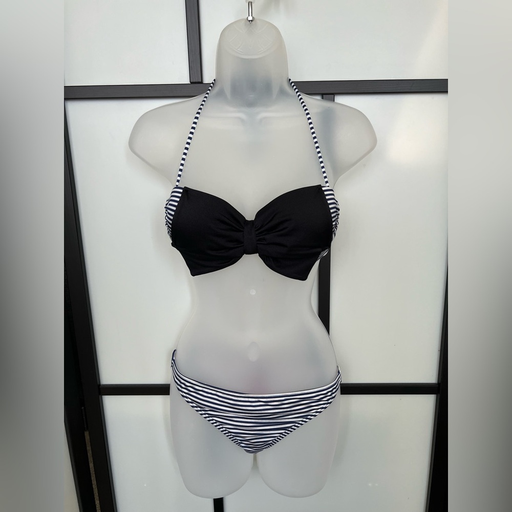 Victoria's Secret Striped Bikini Top Bottom Set Blue White Bow 34C Medium